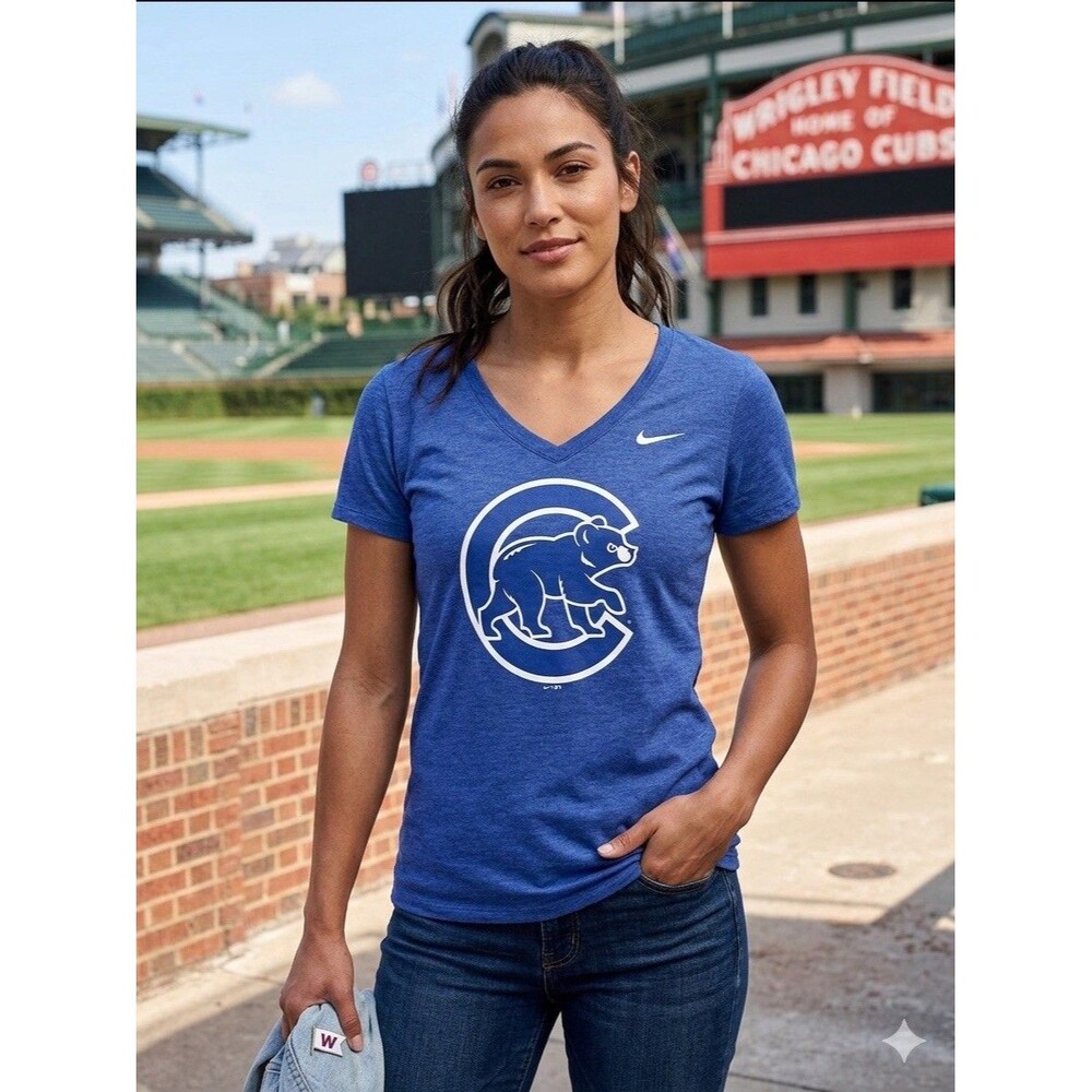 Nike Women Large Chicago Cubs MLB V-Neck T-Shirt Blue Short Sleeve NWOT